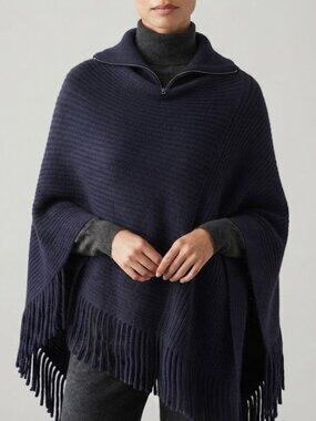 Fringed Rib-Knit Poncho in Dark Navy